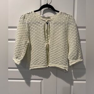 ZARA Pointelle knit Sweater 5755/042 Cream Tie Front Cropped Womens Size Small